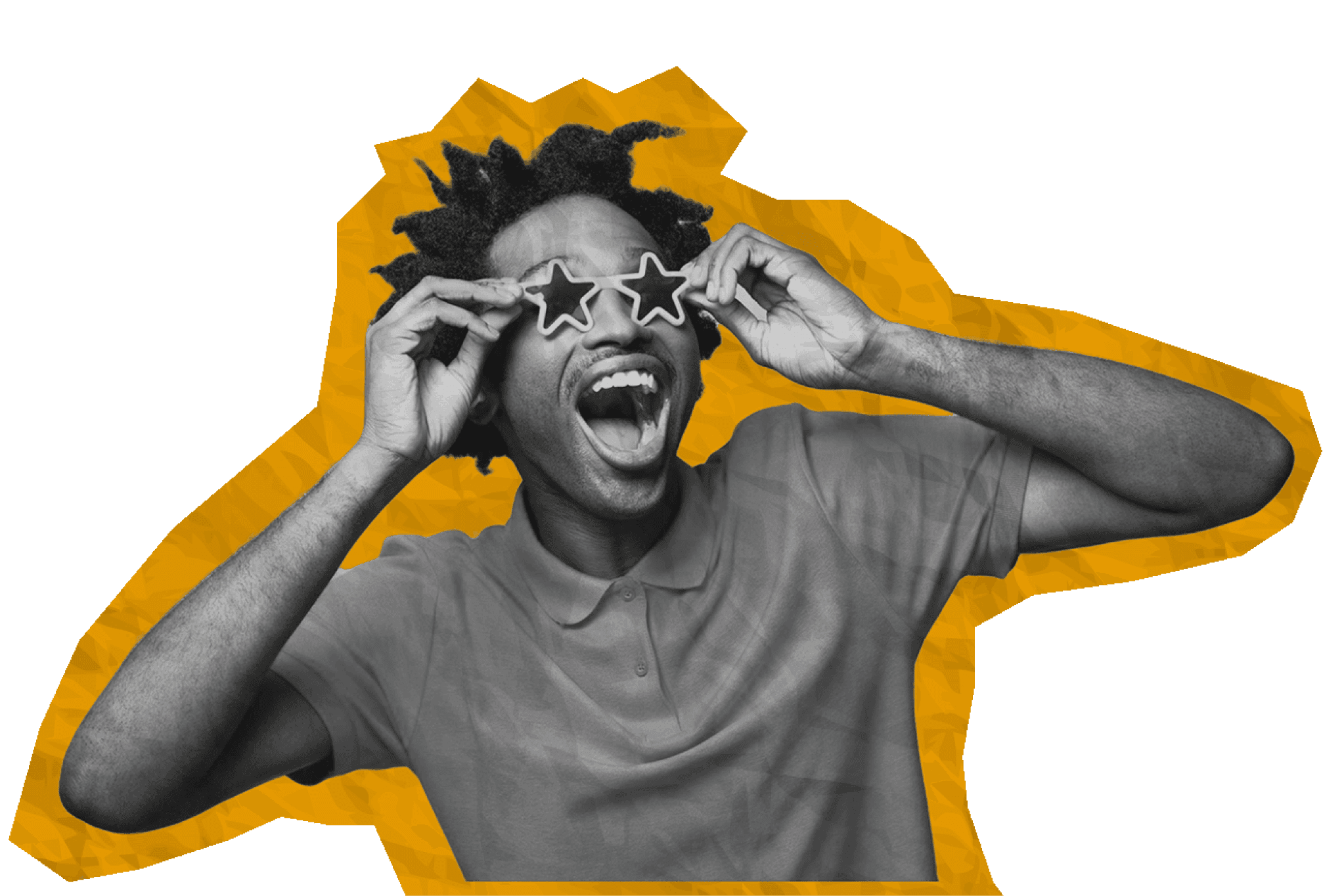 yellow cutout of a guy in star shaped shades 